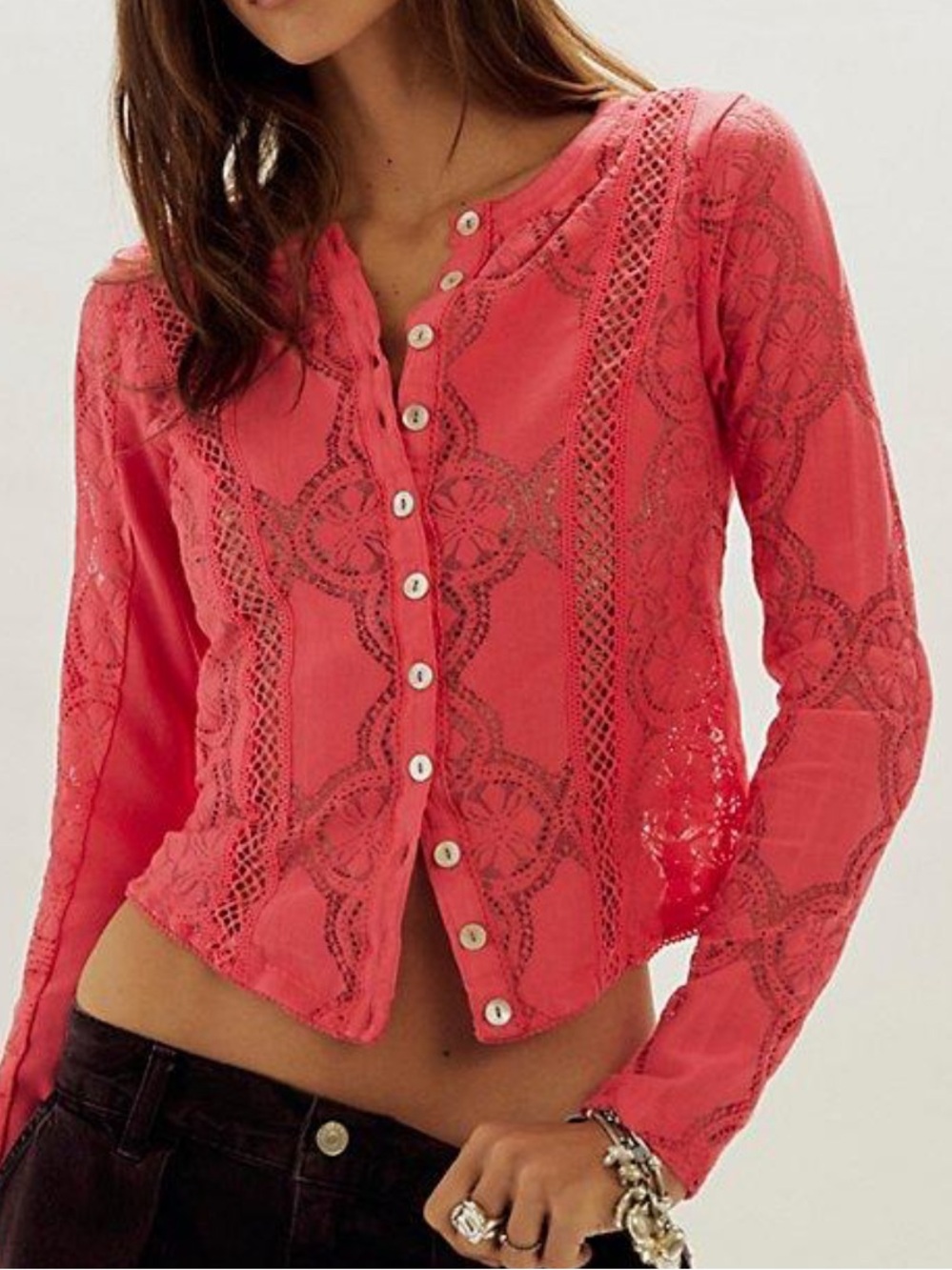 Free People Coral Lace Button-Front Sheer Knit Top